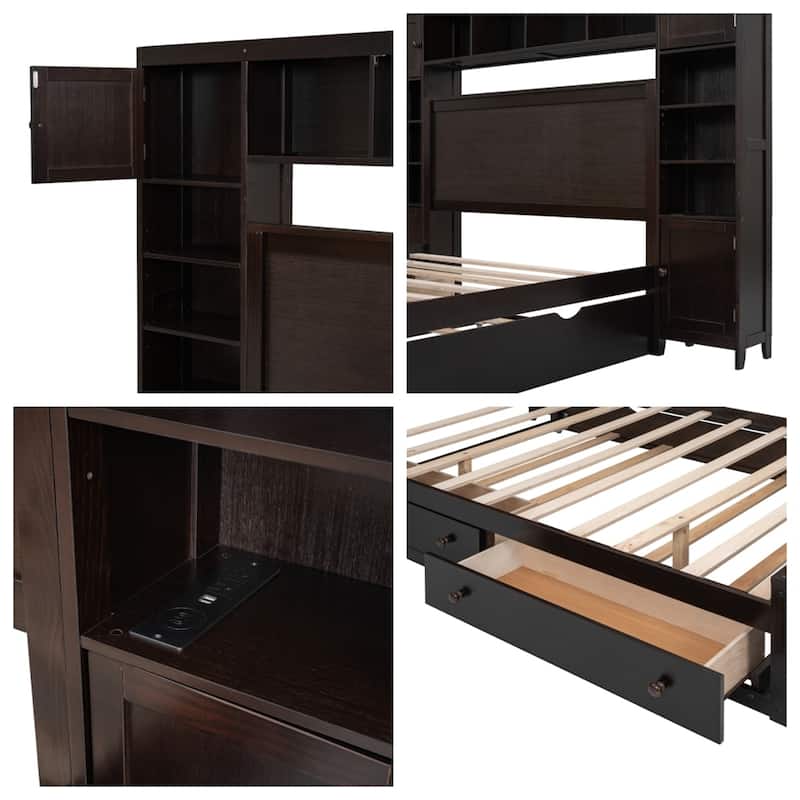 Full Size Wooden Bed With All-in-One Cabinet, Shelf and Sockets