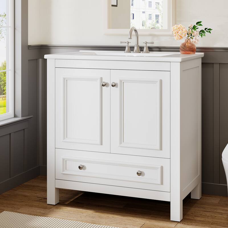 30 Inches Modern Bathroom Vanity Cabinet with Ceramic Basin & 1 Drawer