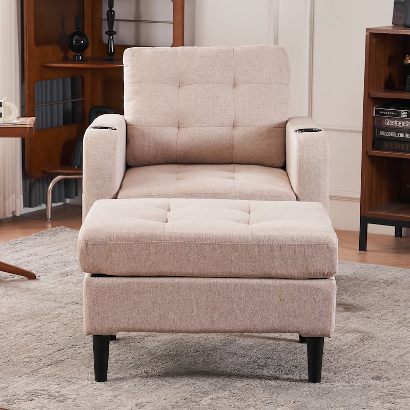 Beige Modern 31.5" Upholstered Buttons Tufted Arm Chair with Storage and Cup Holders for Living Room