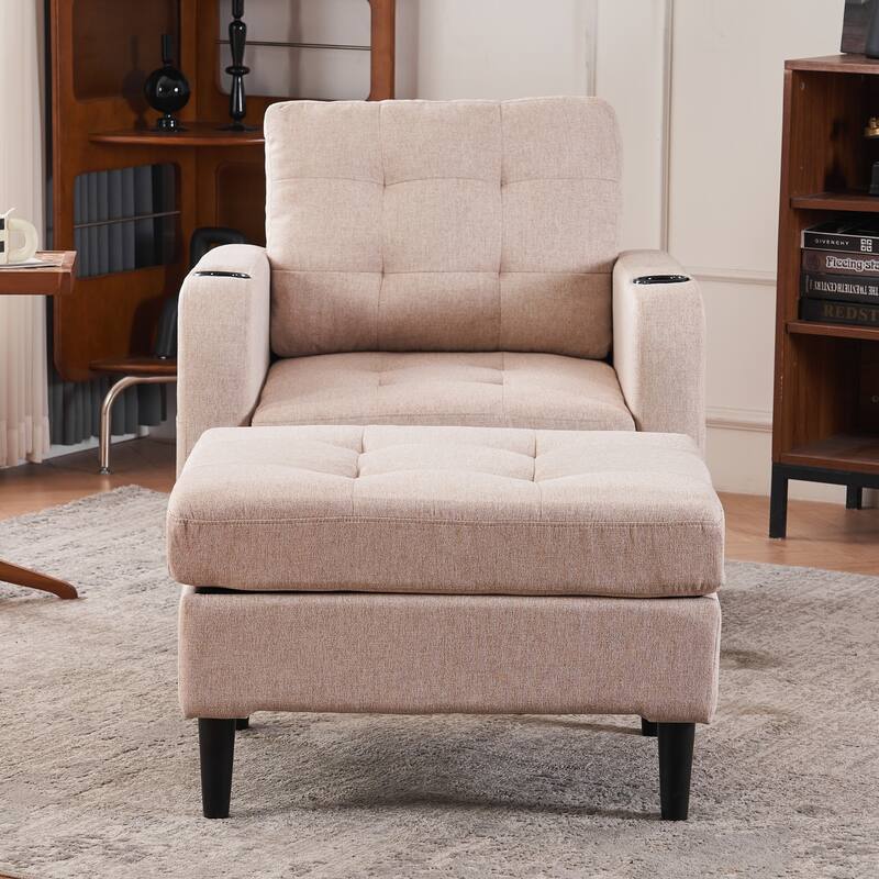 Modern 31.5" Upholstered Buttons Tufted Arm Chair with Storage and Cup Holders for Living Room