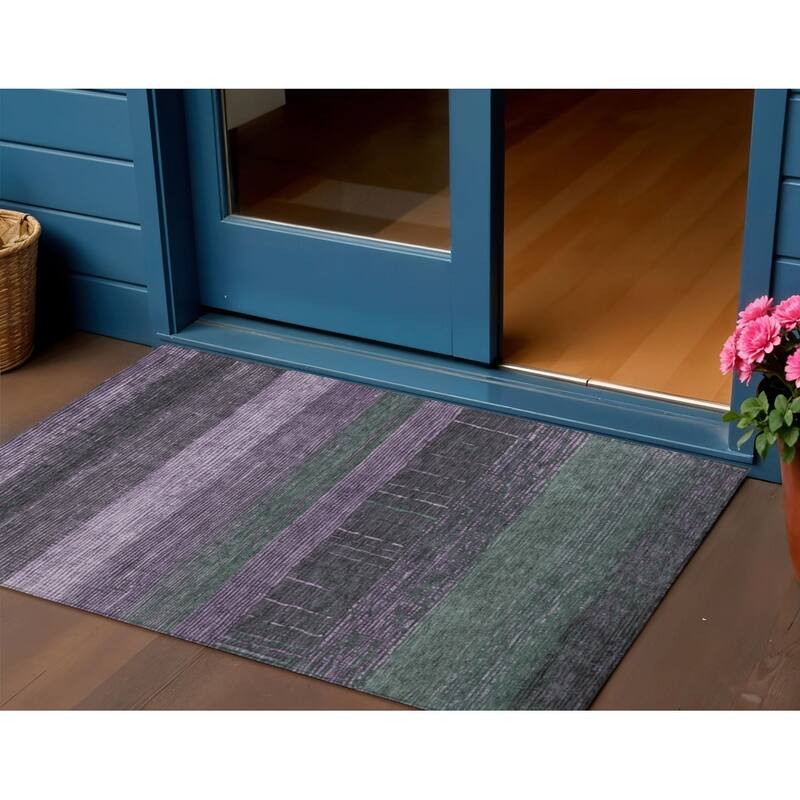HomeRoots Striped Transitional Rectangle Outdoor Rug - Green/Purple - 3' x 5'