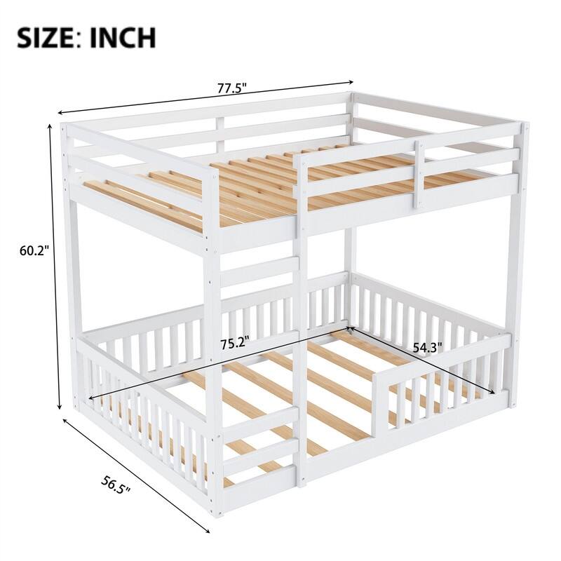 Full over Full Size Bunk Bed with Ladder and Guardrails, Wooden Floor Bunk Bedframe with Slats Support for Kids