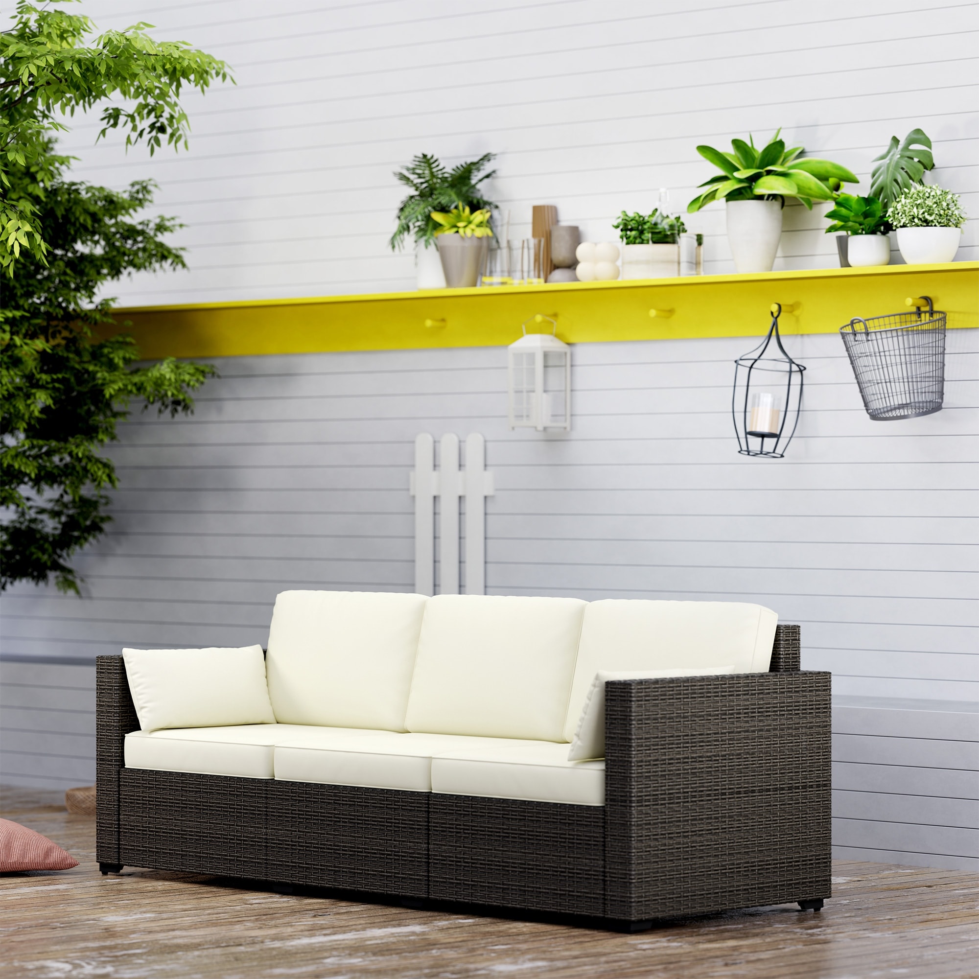 Outsunny Wicker Patio Couch, PE Rattan 3-Seat Sofa, Outdoor Furniture