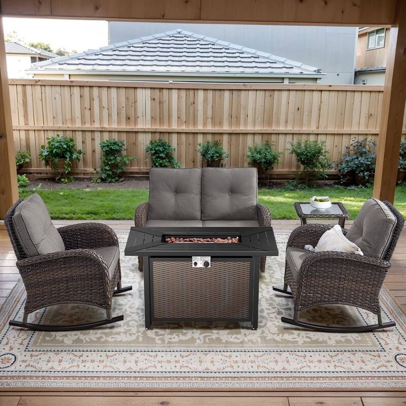 Gymojoy Outdoor Fire Pit Conversation Set, Loveseat Glider Sofa & Chairs - Patio Furniture Set