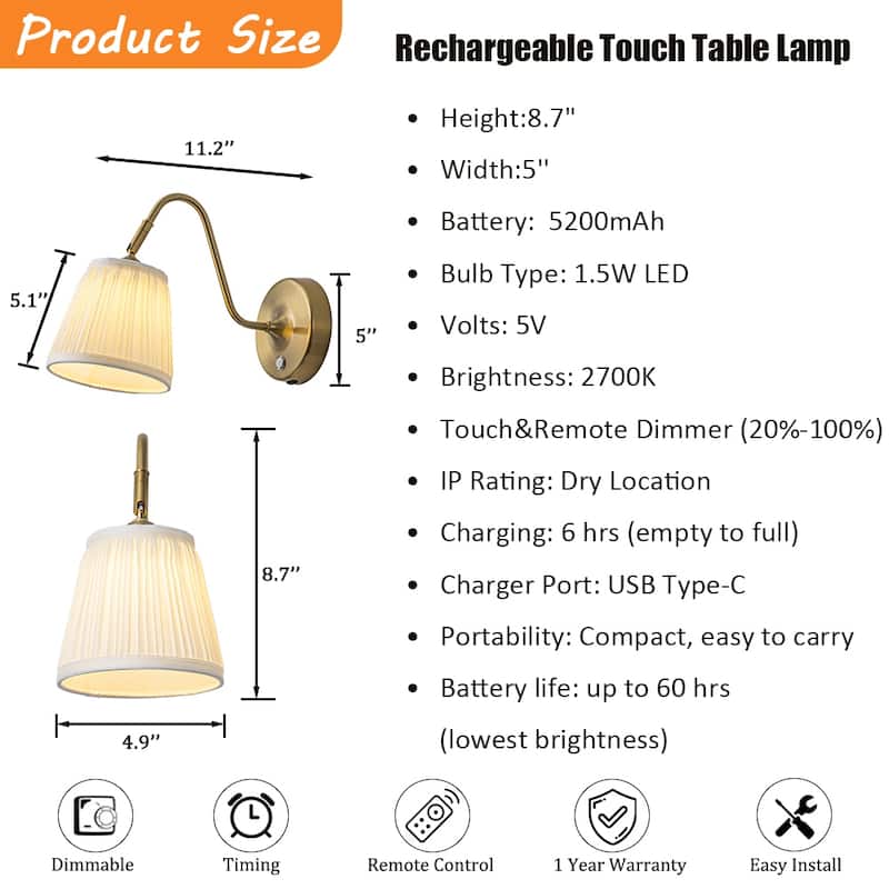 Battery Operated Wall Sconces Dimmable Integrated LED Rechargeable Cordless Swing Head for Bedroom or Corridors(2 Pack) - W5''