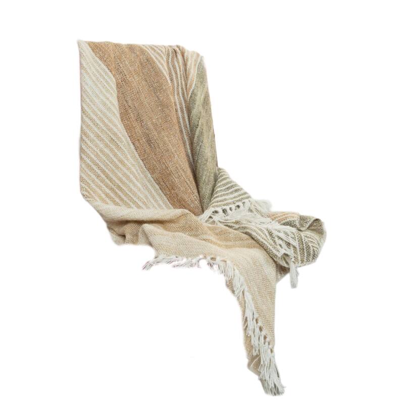 HomeRoots 50" X 60" Beige Brown And Ivory Recycled Poly PET Striped Throw Blanket with Tassels