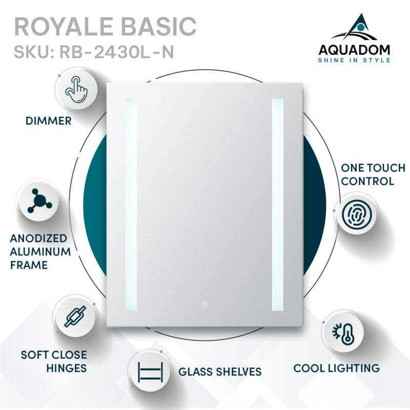 AQUADOM Royal Basic LED Medicine Cabinet, Defogger, 3X Vertically Adjustable Magnifying Mirror