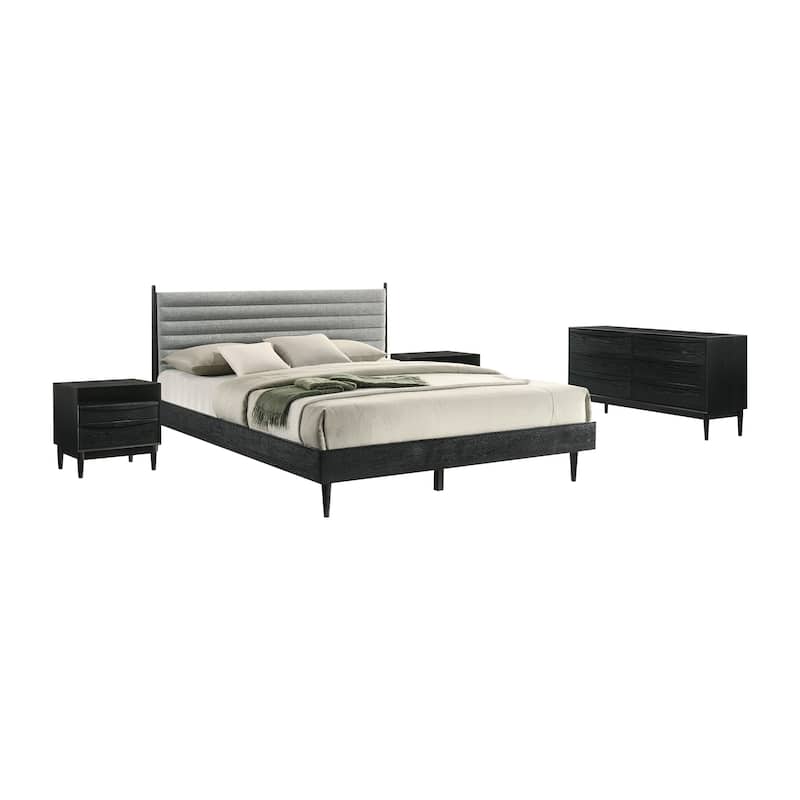 Artemio Black or Walnut Wood 4 Piece Bedroom Set with Grey Upholstered Headboard