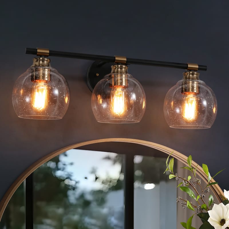 Iain Modern Black 3/4-Light Bathroom Vanity Lights Globe Seeded Glass Dimmable Wall Sconces - 3-Light