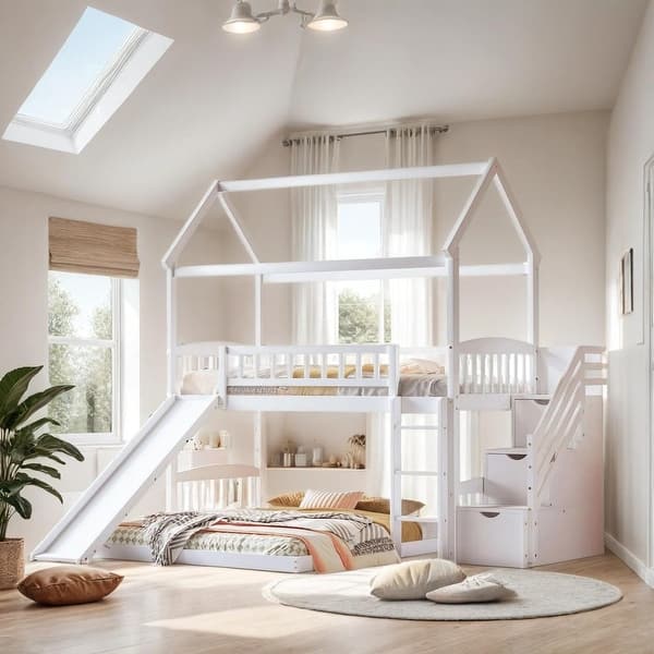slide 2 of 36, Twin Over Twin House Bunk Bed with Two Drawers and Slide, Grey White