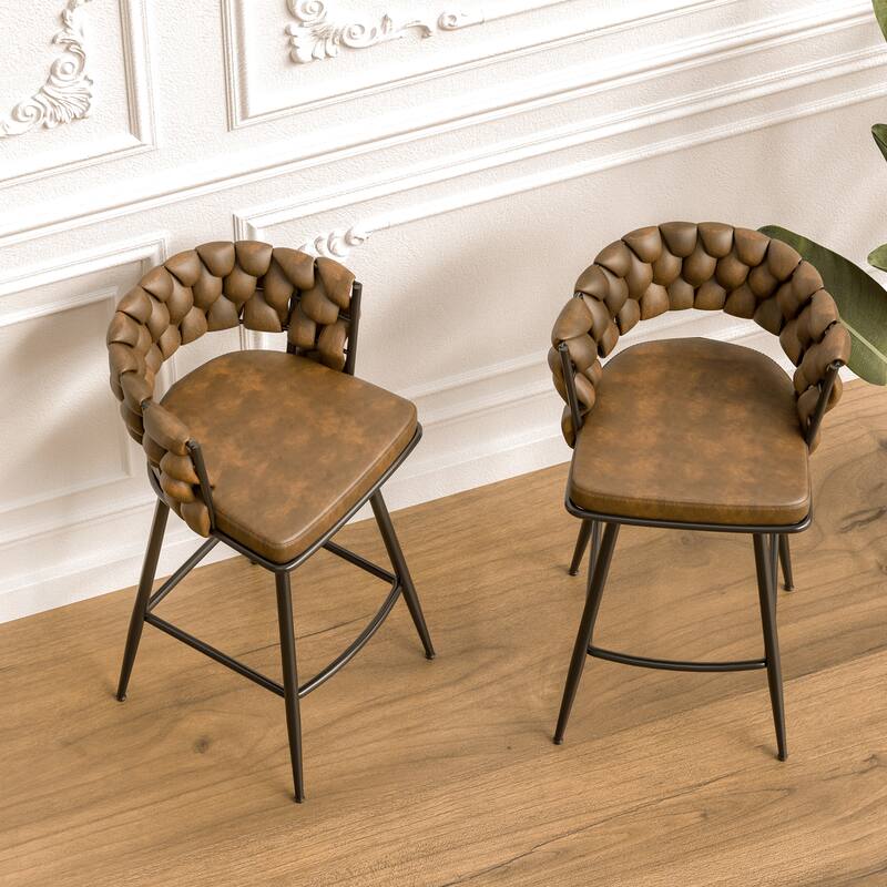 28" Technical Leather Woven Bar Stool Set of 2, Black legs Barstools, No Adjustable Kitchen Island Chairs