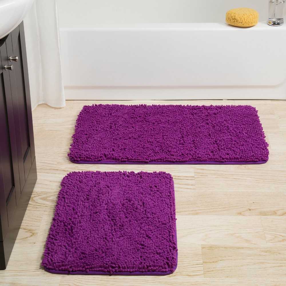 Finest Luxury Washable Nylon Shag Bath Rug, or Set in Purple - On