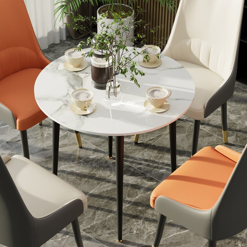 Metal Frame 4 Legs Round Dining Table Heavy Duty Sintered Stone Top - 31.5" - White/Grey