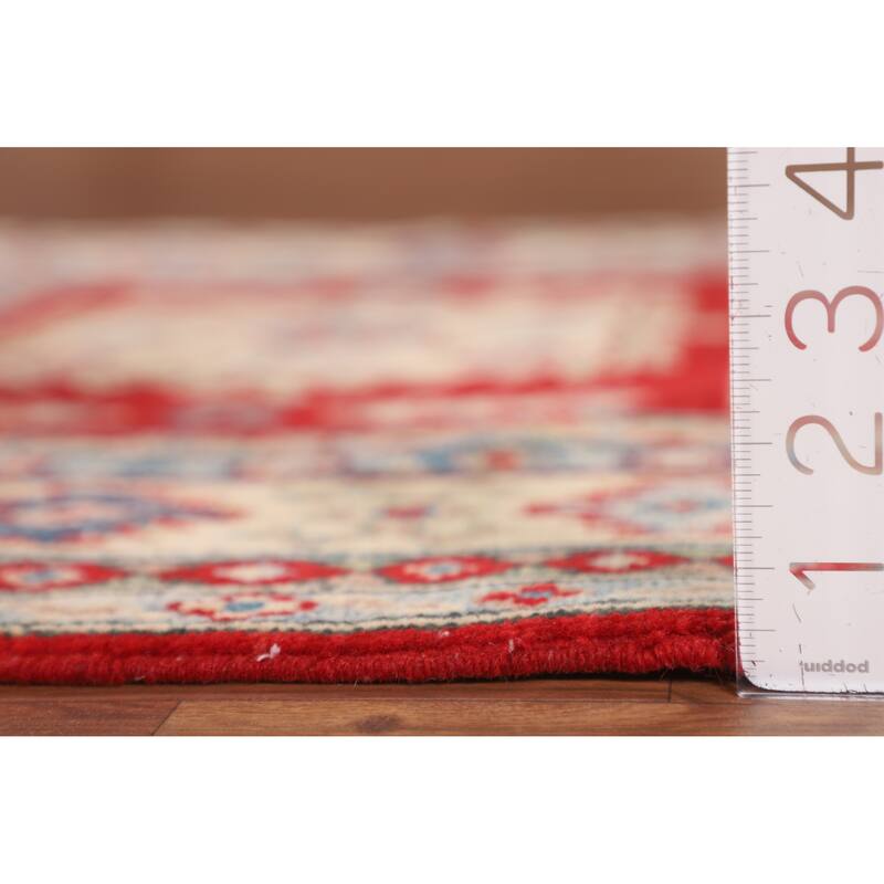 Red Geometric Kazak Accent Rug Hand-Knotted Wool Carpet - 3'4" x 4'11"