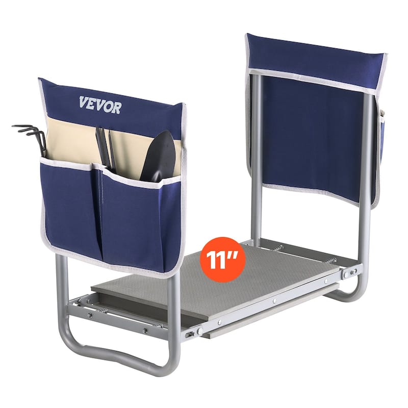 Heavy Duty Garden Stool with EVA Cushion and Tool Bags for Storage - Blue - 11"