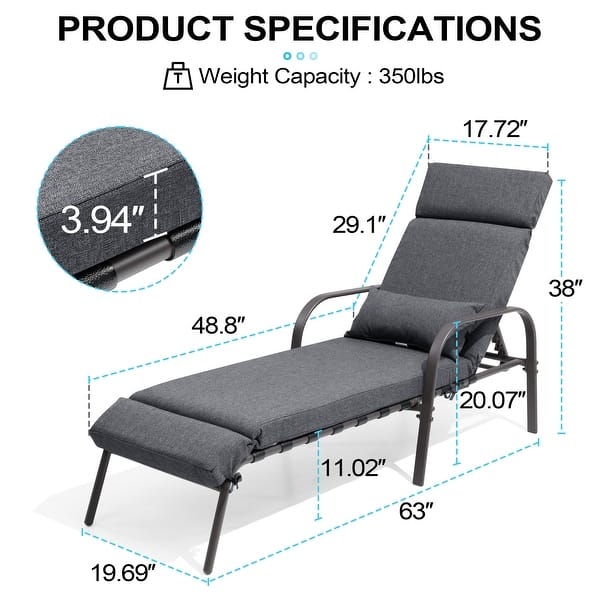 dimension image slide 0 of 4, Patio Adjustable Chaise Lounge Chair with Cushion and Pillow for Outdoor & Indoor