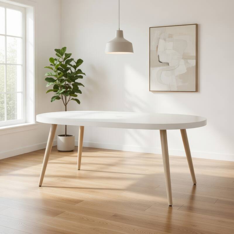 Yami Outdoor Dining Table, 80 Inch Oval Faux White Stone Top, Brown