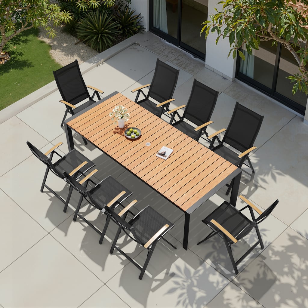 9-Piece Outdoor Patio Dining Set Wood Like Table Top Aluminum Rectangular Umbrella Hole Table with Folding Armrest Chairs