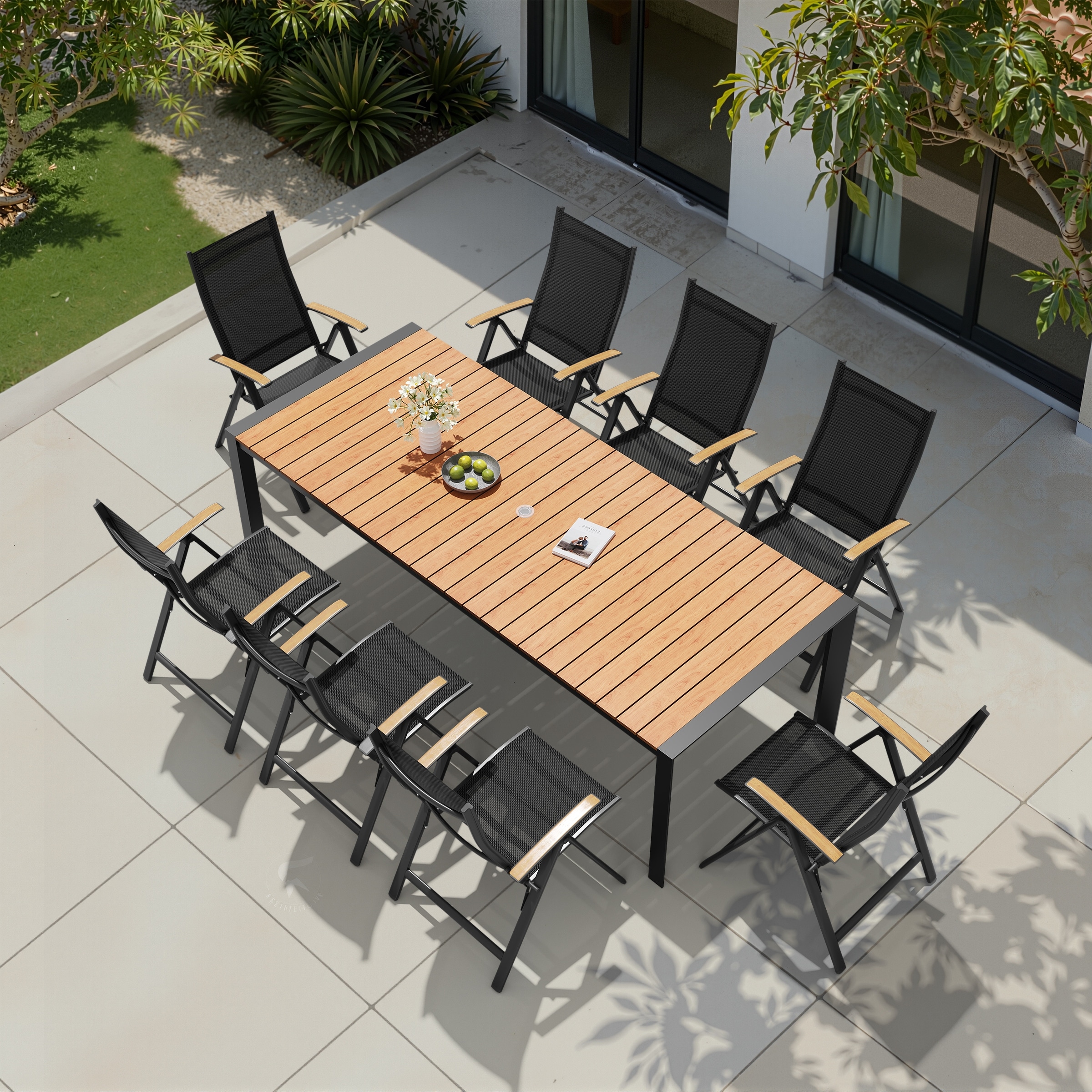 9-Piece Outdoor Patio Dining Set Wood Like Table Top Aluminum Rectangular Umbrella Hole Table with Folding Armrest Chairs