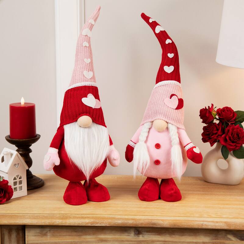 Valentine's Day Gnomes with Knitted Hats - 23" - Pink and Red - Set of 2