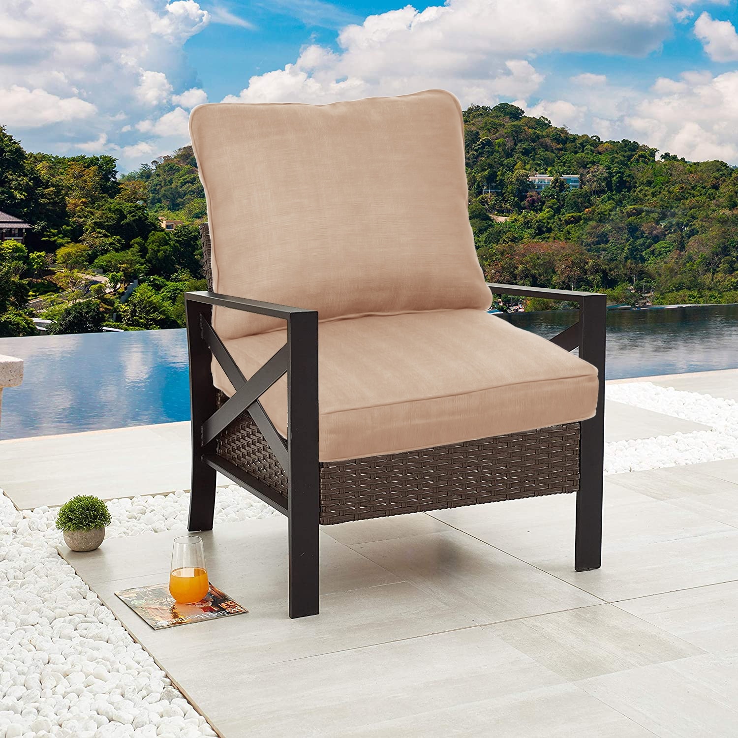 Aoodor - Patio Deep Chair Cushion - Set of 2 - Total 6 Pieces (Brown)