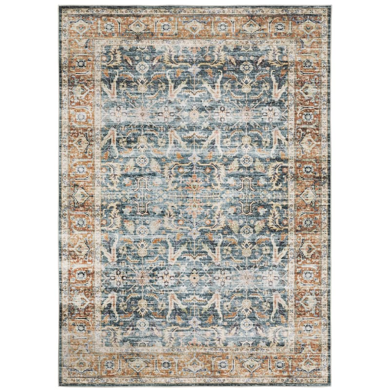 Clovis Blue Rust Non-Skid Oriental Distressed Washable Traditional Area Rug