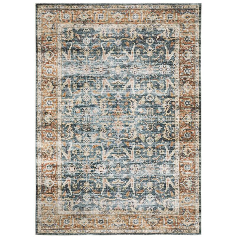 Vista Home Clarissa Washable Bordered Oriental Indoor Area Rug Mat - 2' x 3' - Blue/ Rust - Rectangle