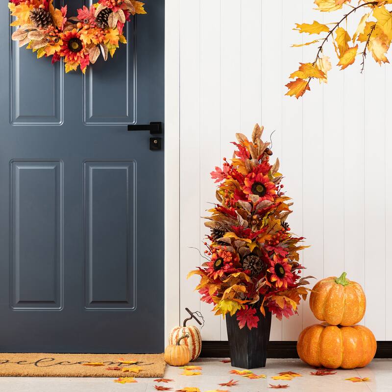 Glitzhome 3FT Fall Pumpkin Sunflower Pinecones Porch Potted Tree