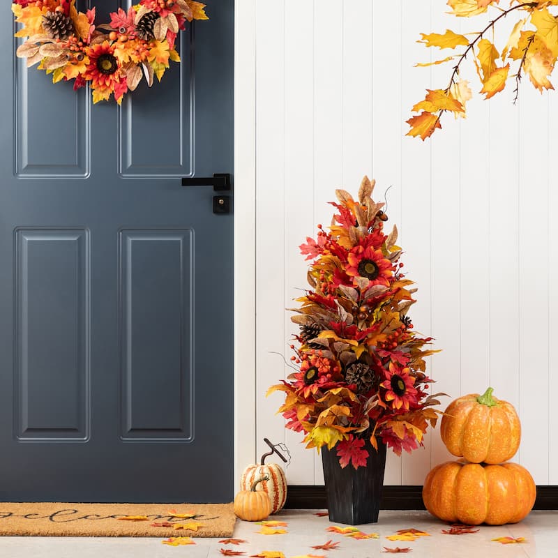 Glitzhome 3FT Fall Pumpkin Sunflower Pinecones Floral Porch Potted Tree
