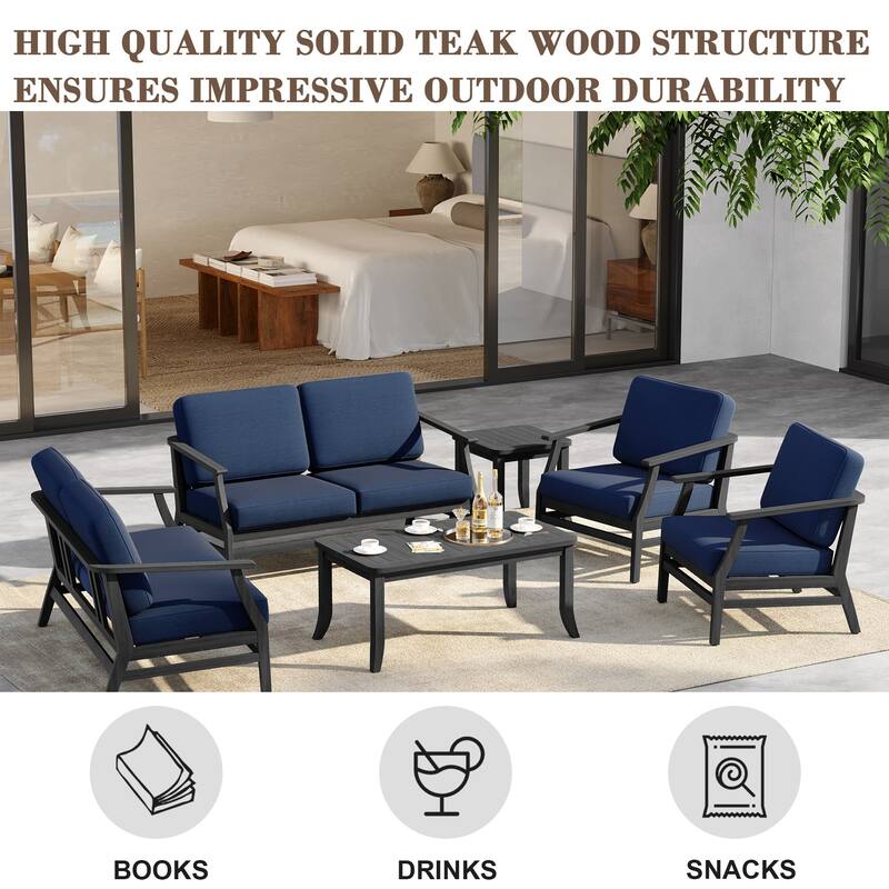 6-Seat Outdoor Teak Wood Patio Conversation Set with Cushions Tables