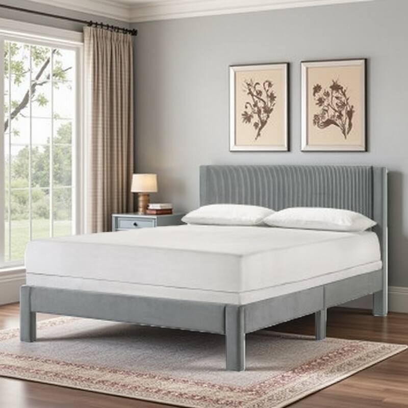 Twin Size Upholstered Platform Bed with Ribbed Plush Headboard, Low-Profile Frame for Youth Bedrooms - Queen LIGHT GREY - Queen