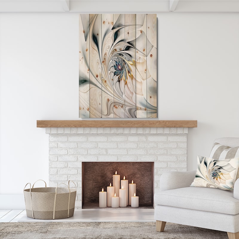 Designart 'White Stained Glass Floral Art' Floral Print on Natural Pine Wood - White