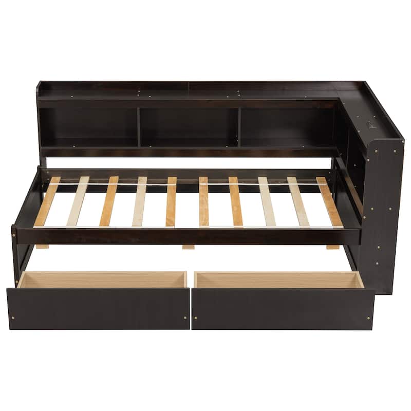 Full Size Bed with L-Shaped Bookcase, USB Charging Ports, 2 Storage Drawers, Power Outlets, and Espresso Finish