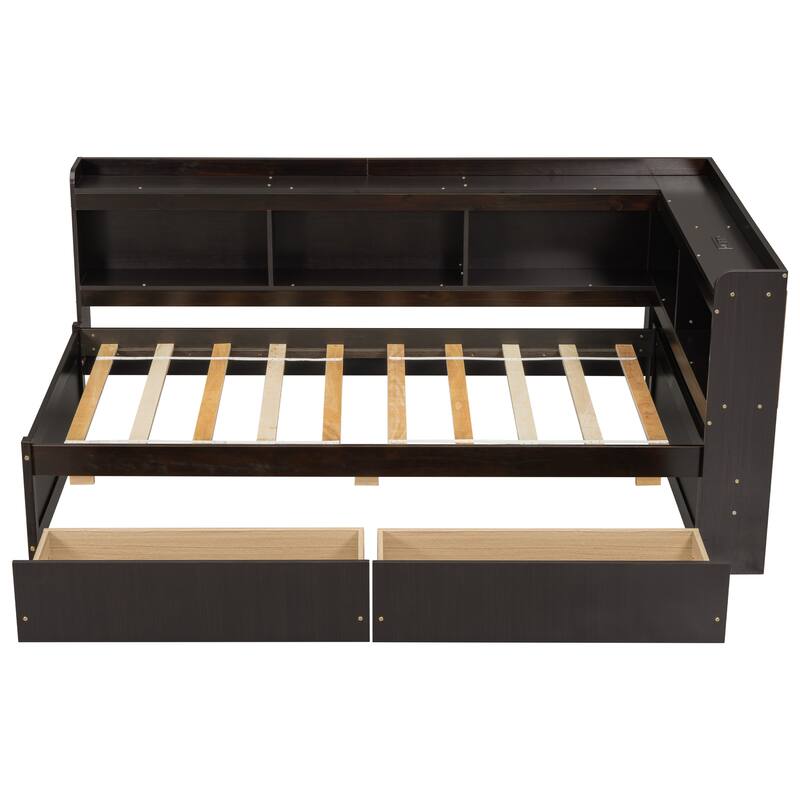 Twin Size Platform Bed with L-Shaped Bookcase, Built-in Charging Station, 2 Storage Drawers