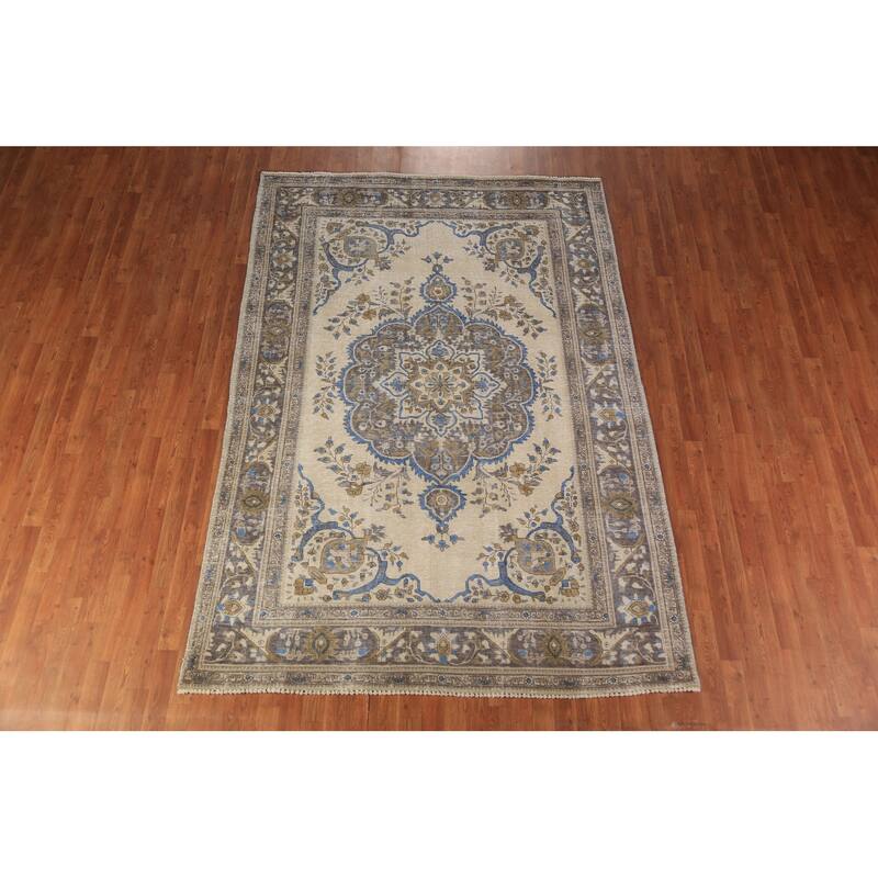 Tabriz Persian Rug Hand-Knotted Traditional Beige Wool Carpet - 6'5"x 9'4"