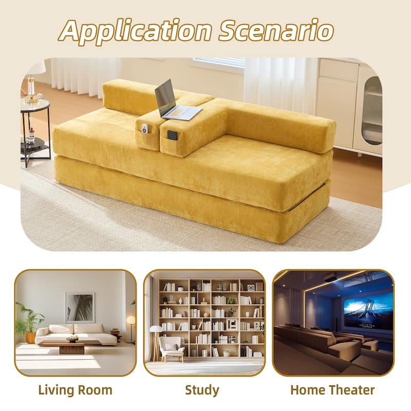 HOMEFUN Chenille Upholstered Convertible Foldable Memory Foam Sleeper Sofa with Pillows for Living Room