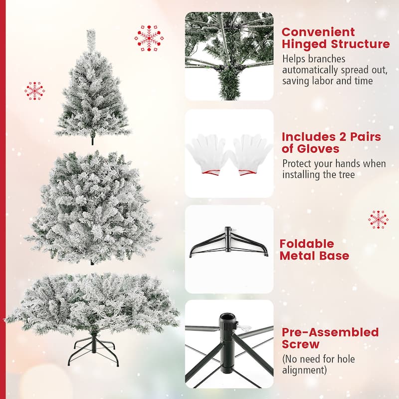 Gymax 6/7/8 FT Pre-Lit Snow-Flocked Xmas Tree 3-Minute-Setup