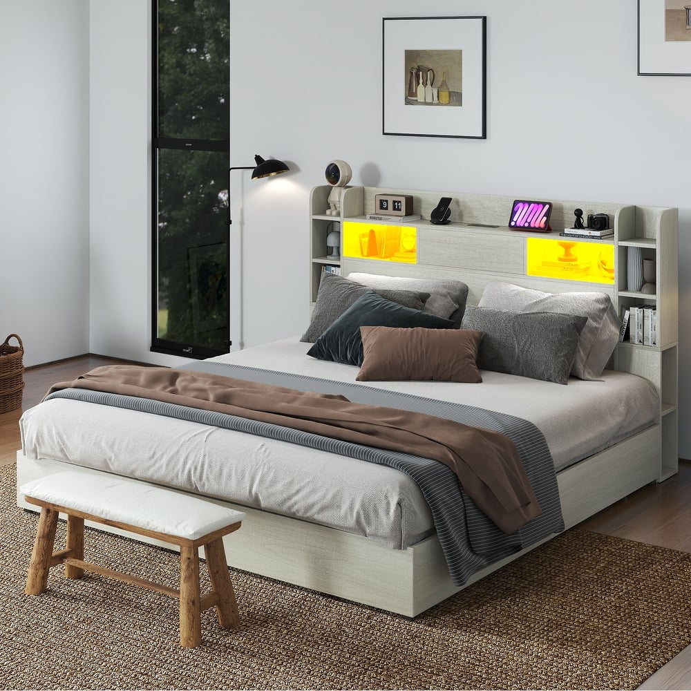 Moasis LED Bed Frame with Bookcase Headboard, 4 Storage Drawers and Type-C USB Charging Station