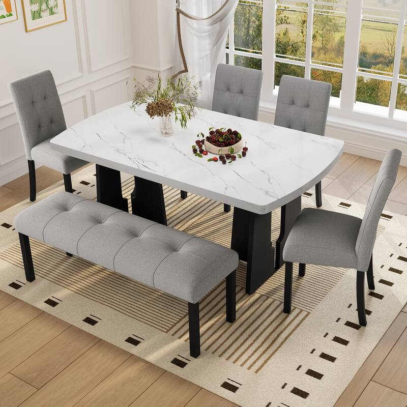 6 Piece Dining Table Set, Faux Marble Dining Table with 4 Upholstered Chairs & 1 Bench, Kitchen Dining Table & Chair Set - Gray,White