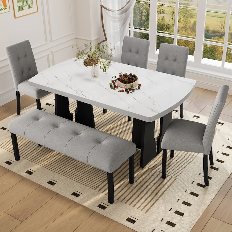 6-Piece Dining Table Set for 6, 63" Faux Marble Oval Table with 4 Dining Chairs & Bench, Modern Table and Chairs Set for 6