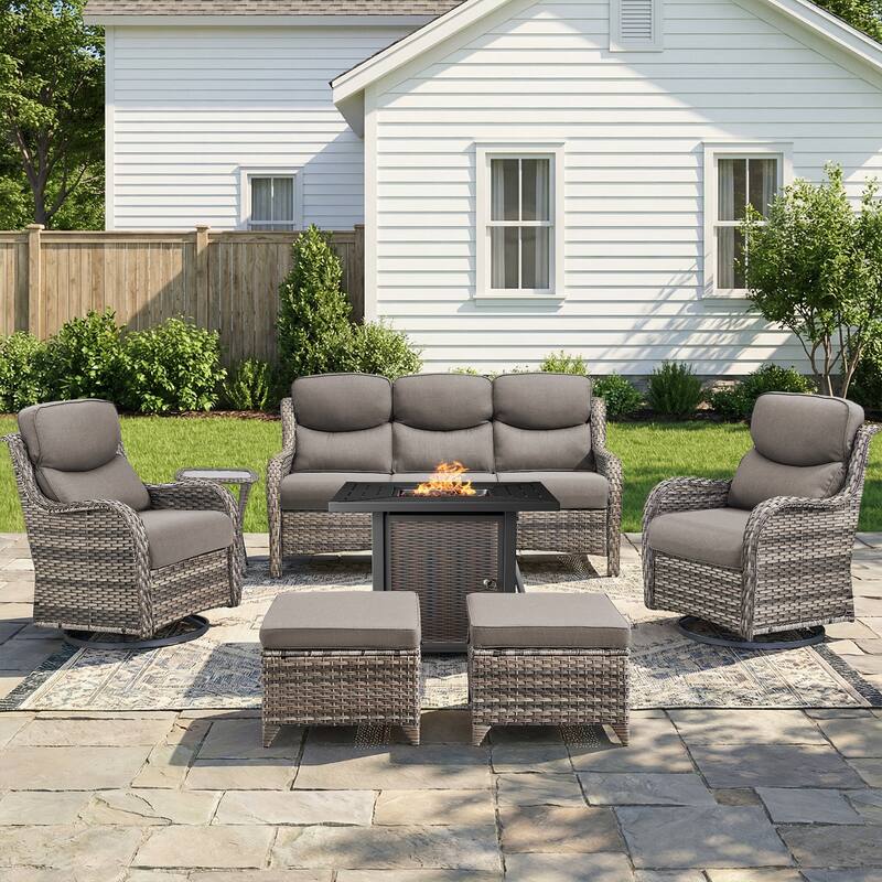 Pocassy 30 In Outdoor Propane Fire Pit Table with Patio Conversation Sets - Gray Wicker Gray Cushion - 7-Piece Sofa Swivel Chair Ottoman w/ Fie Table