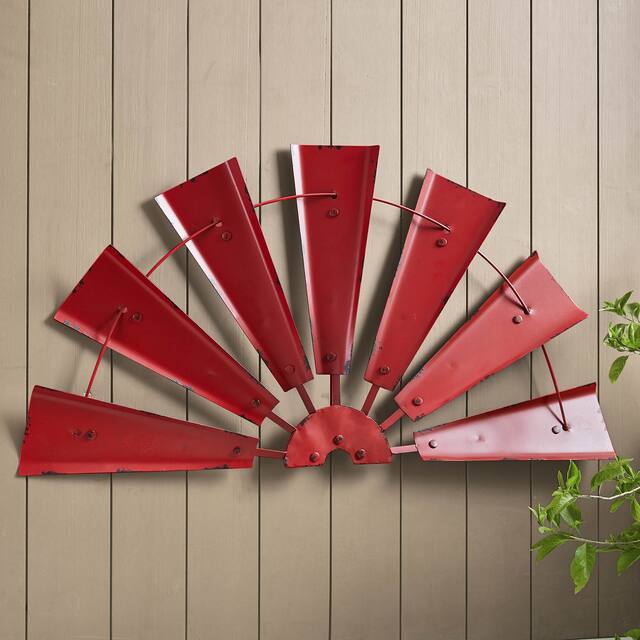Glitzhome Farmhouse Rustic Wind Spinner Wall Decor - 32 x 16 - Fan Red