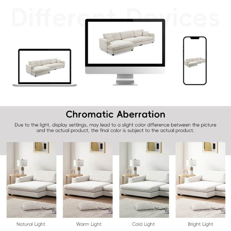 134" Oversized Corduroy Sectional L-shaped Cloud Sofa with USB Charging Port and Cup Holder
