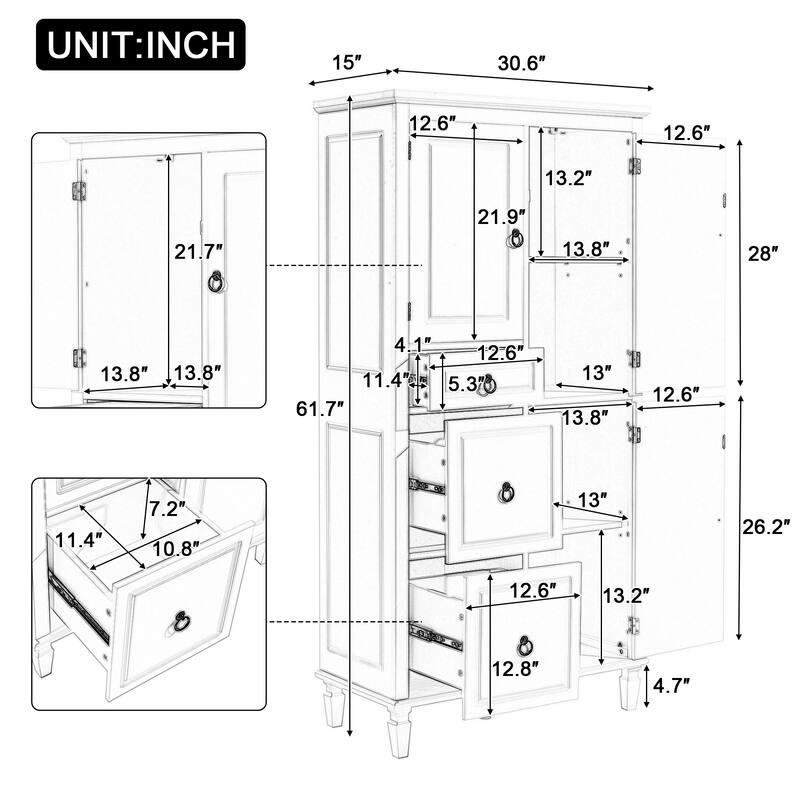 Large Bathroom Waterproof Cabinet with 3 Drawers, 3 Compartments
