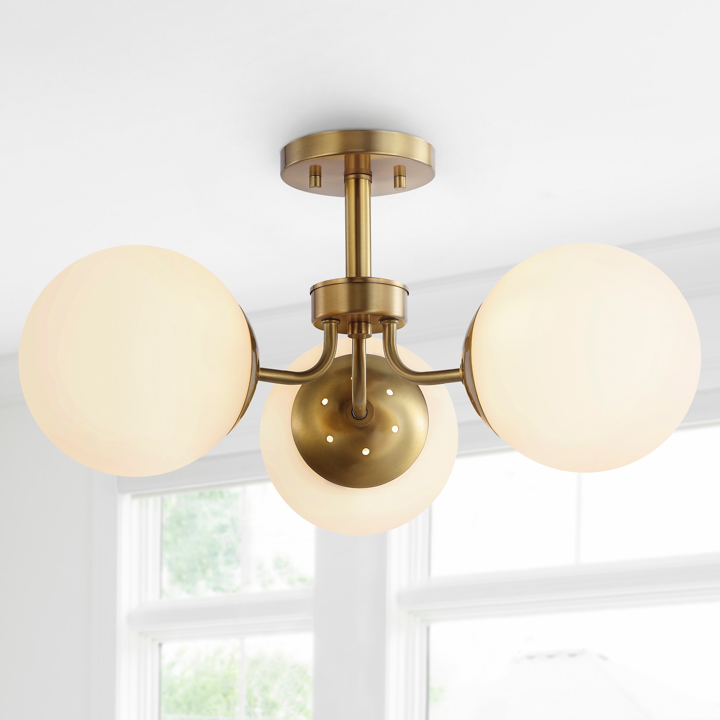 JONATHAN Y Ojai 23.5" 3-Light Bohemian Farmhouse Iron/Frosted Glass LED Semi Flush Mount, Brass Gold/White