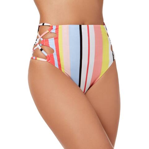 Bar III Women's Stripe Printed Lace-Up Strappy High-Waist Bikini Bottoms, XS