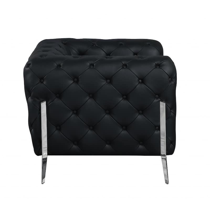 HomeRoots 93" Black Italian Leather Sofa With Silver Legs - 31" H x 93" W x 38" D - 31" H x 93" W x 38" D - Black