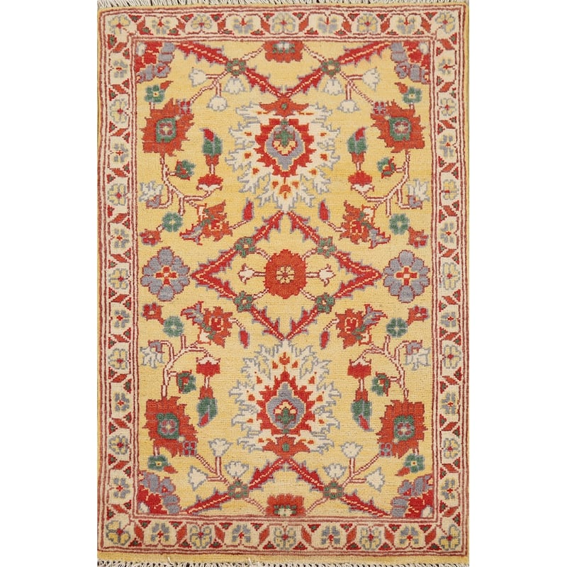 Yellow Kazak Oriental Foyer Rug Hand-Knotted Floral Wool Carpet - 2'0" x 3'0"