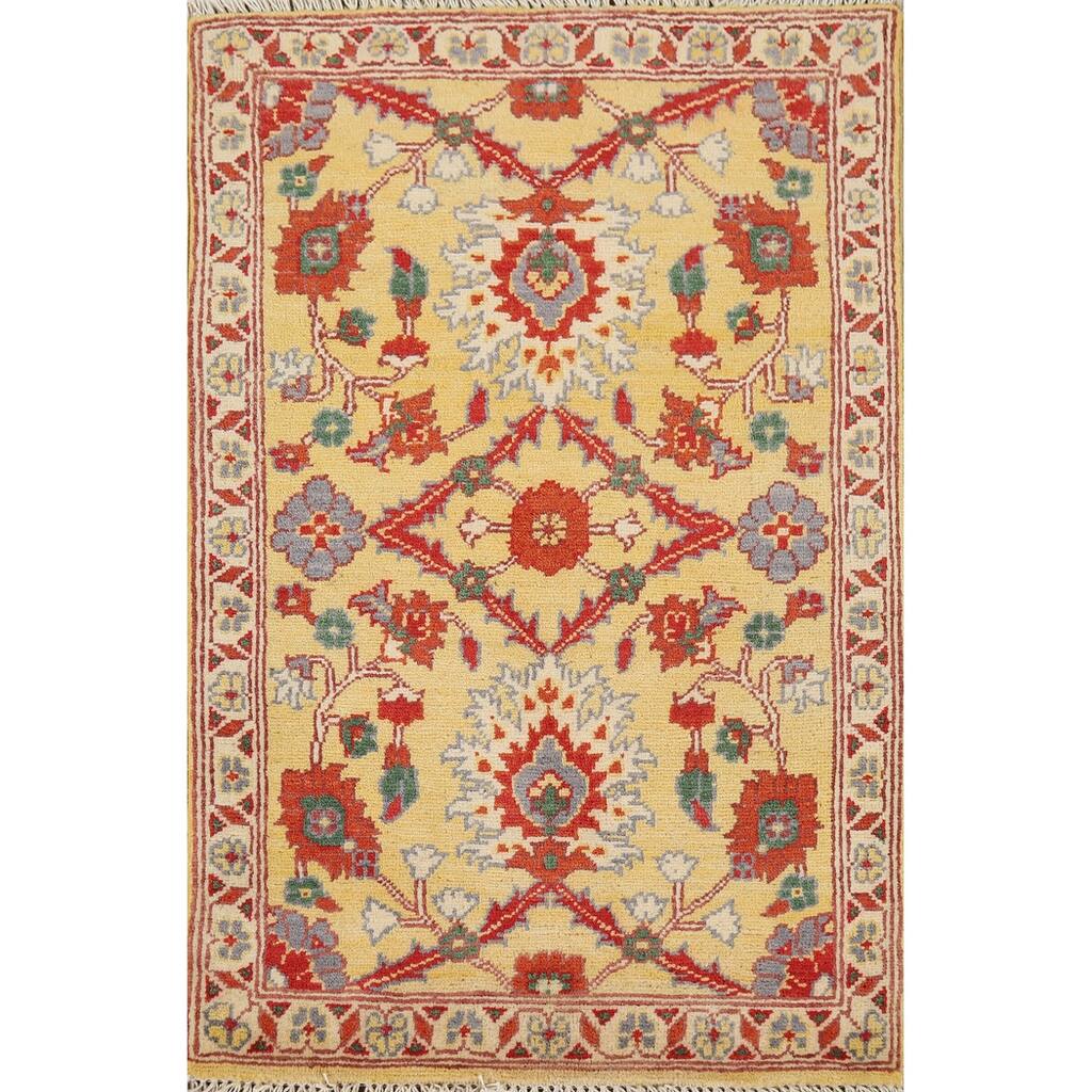 Yellow Kazak Oriental Foyer Rug Hand-Knotted Floral Wool Carpet - 2'0" x 3'0"