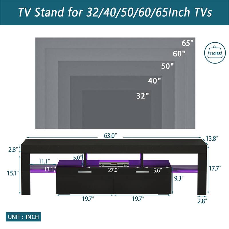 Fashion TV Stand, TV Cabinet,Entertainment Center, TV station Media Console with LED Light Belt Remote Control,